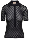 Gucci Women Black Polo Shirt With Button Closure And Gg Motif In Cotton And Silk Blend Woman