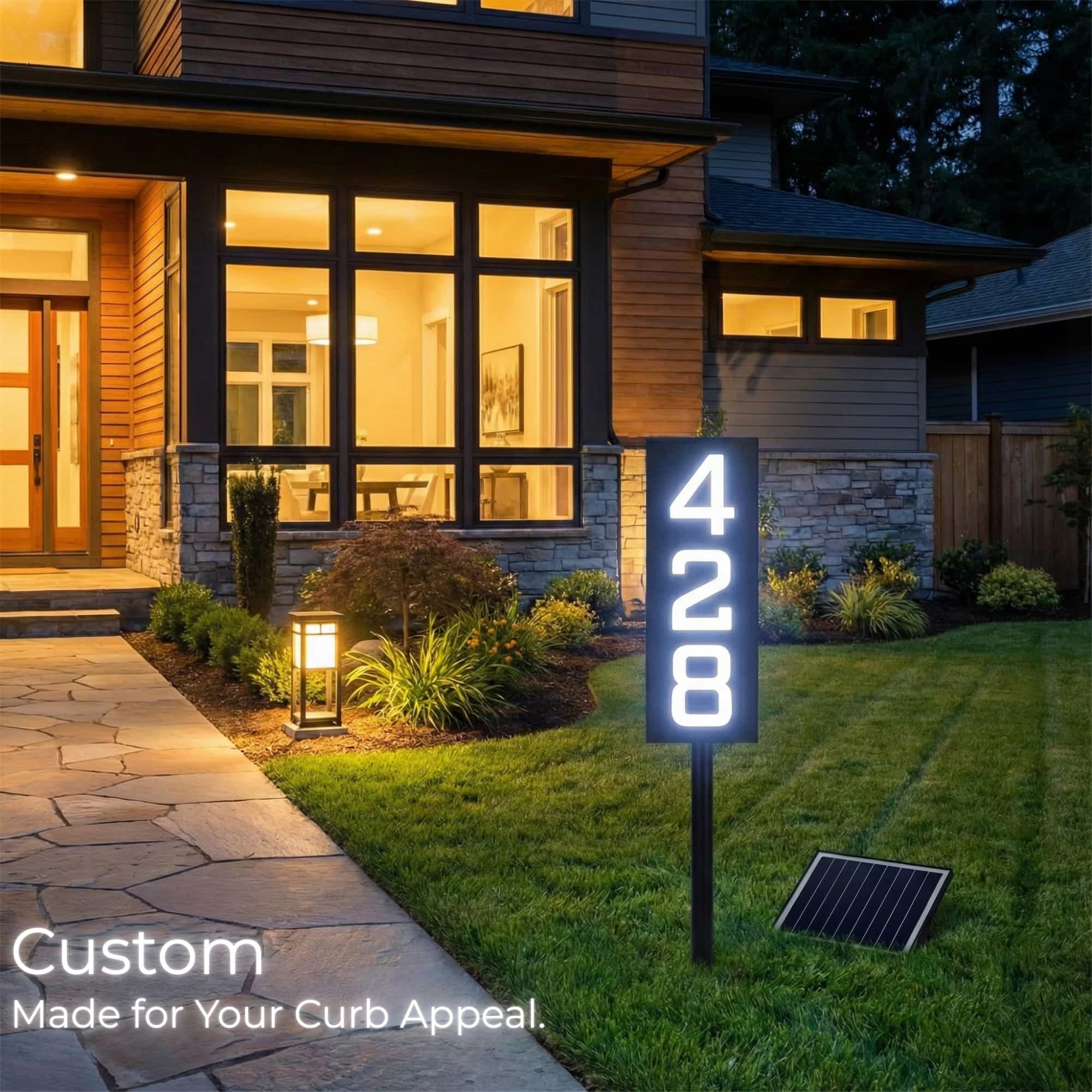 Solar Powered Staked House Number Sign – Illuminated Outdoor Address Sign