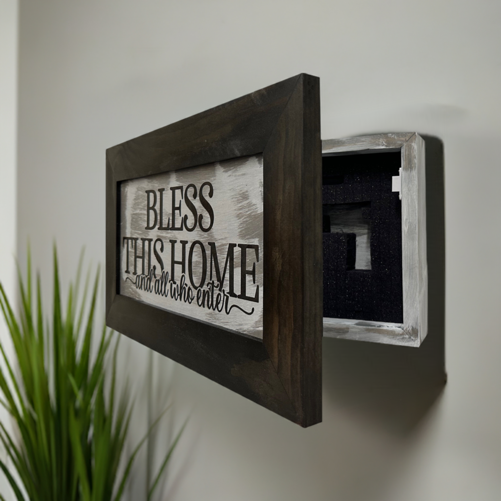 Bless This Home and All Who Enter Hidden Gun Storage Wall Decor - Hand-Painted Gun Concealment Decor - Gun Shelf Hidden Storage with Magnetic Lock for Quick Access - Made In USA