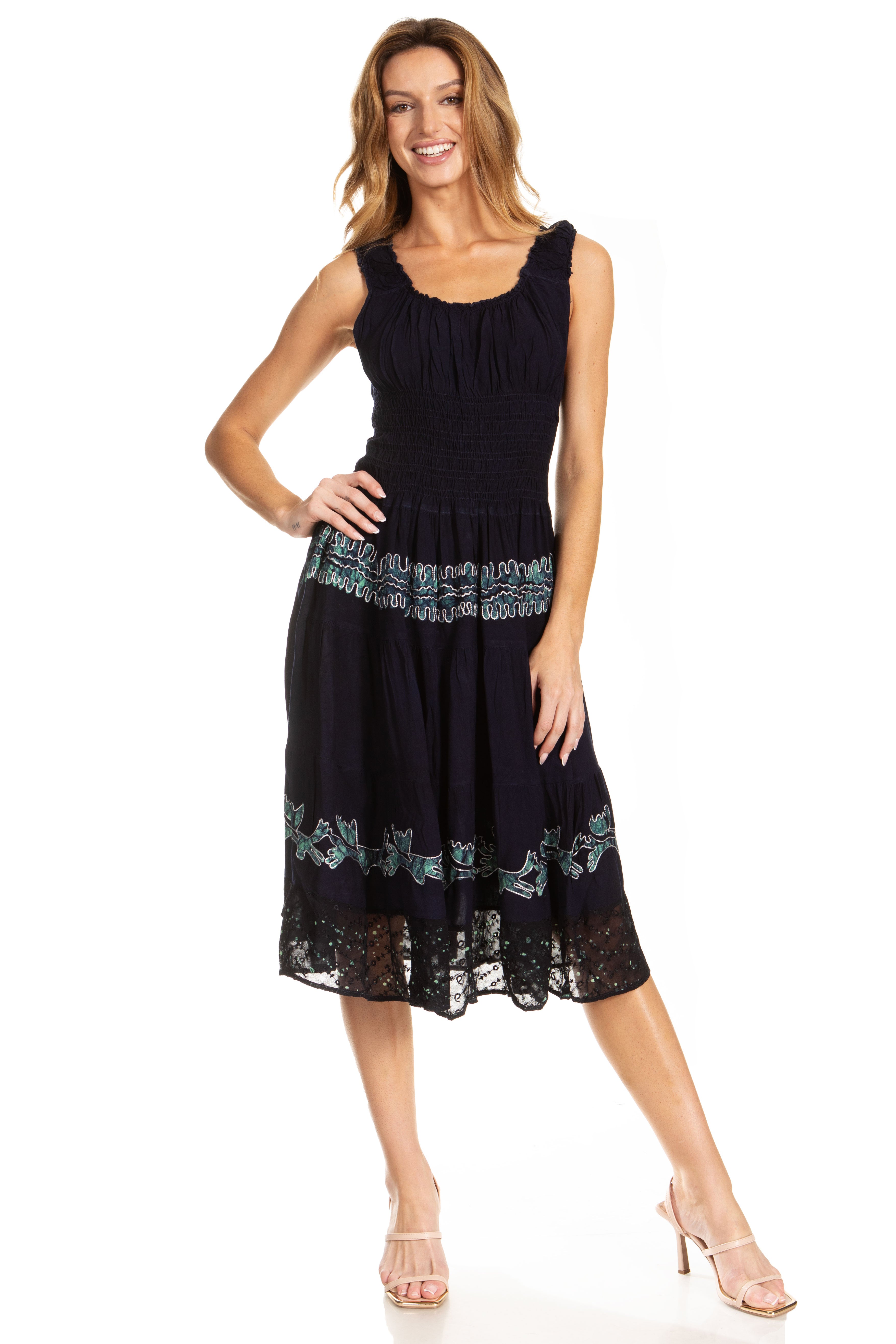 Sakkas Alba Women's Off The Shoulder Smock Ruffle Midi Dress Tie Dye & Embroidery