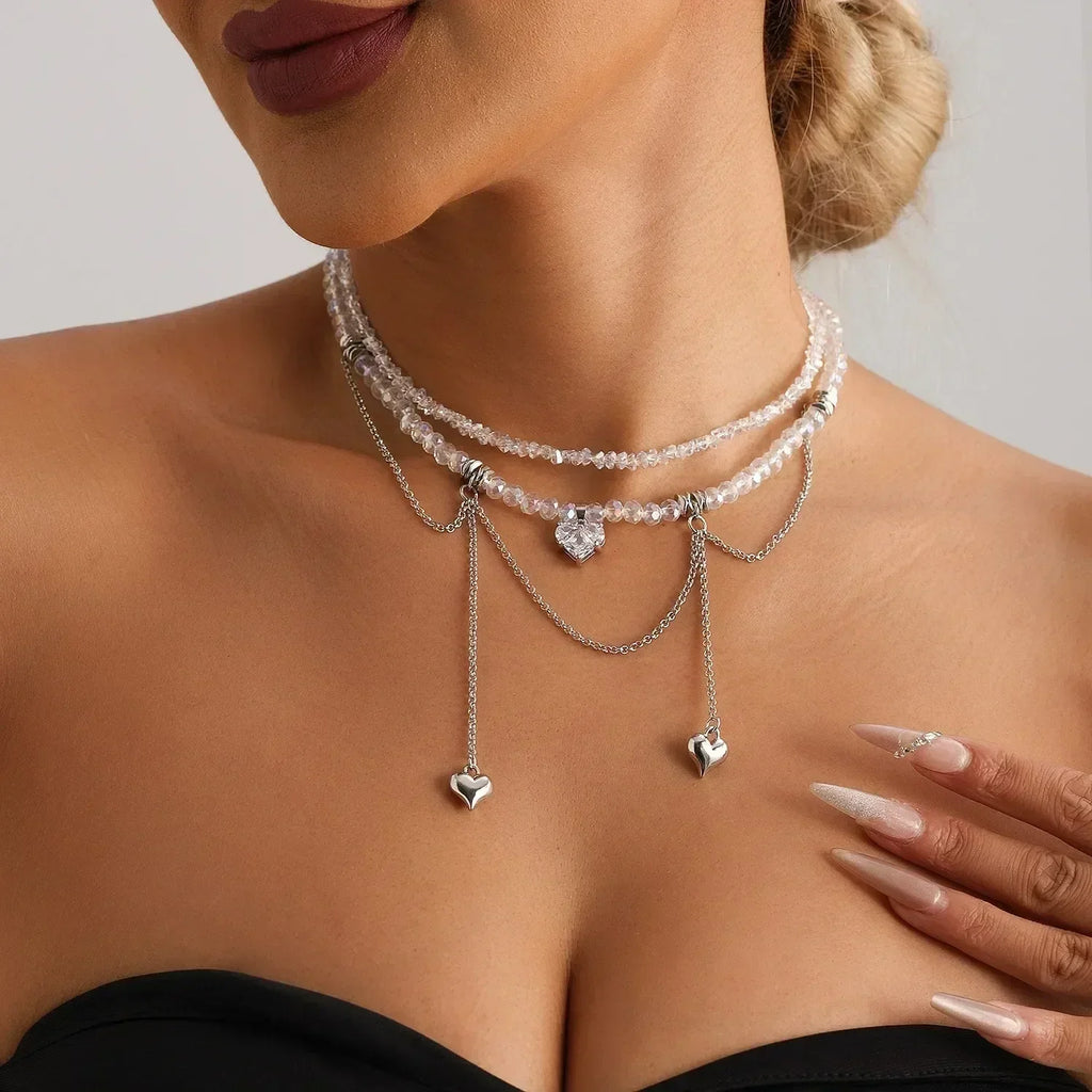 Fashion Heart Beaded Necklace for Women Boho Elegant Irregular Crystal Chain Y2K Choker Exquisite Party Gift Jewelry Accessories