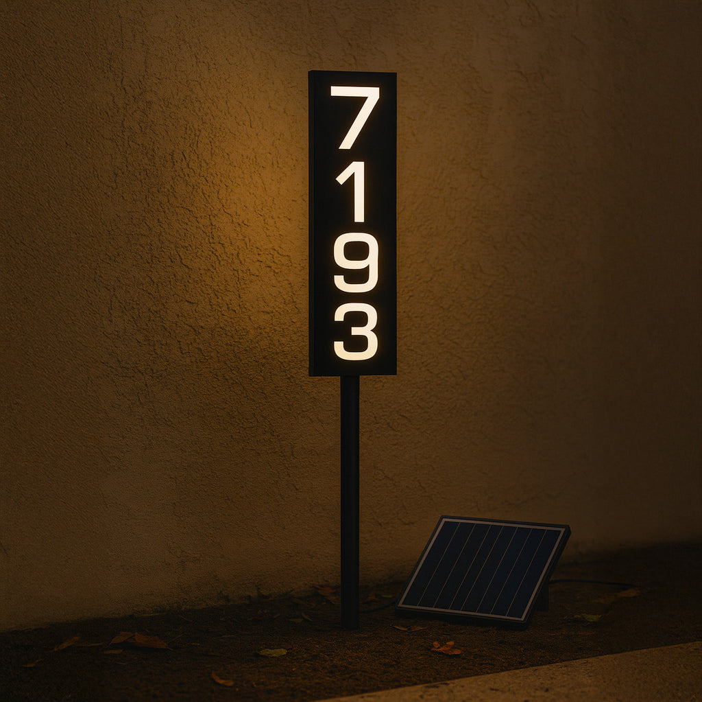 Solar Powered Staked House Number Sign – Illuminated Outdoor Address Sign